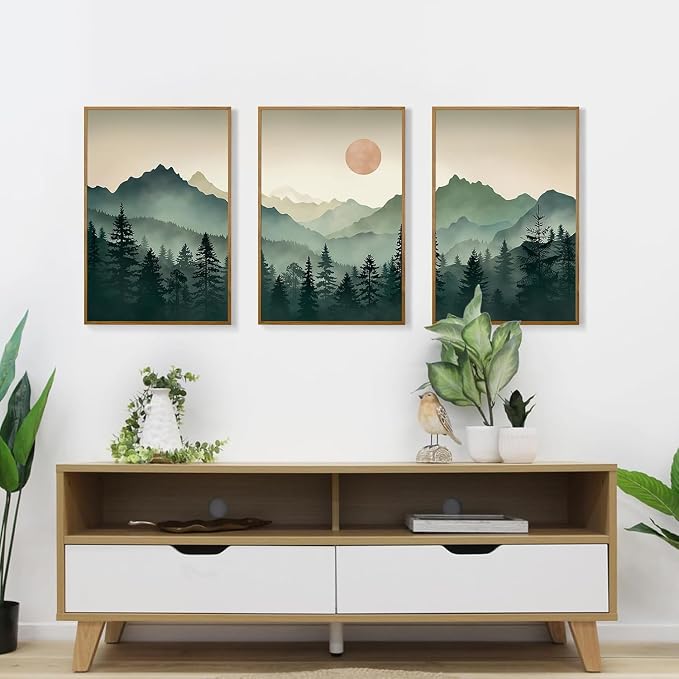 SIKERIC Sage Green Boho Mountain Wall Art, Large Modern Sunrise Framed Canvas Art Prints Set of 3, Nature Landscape Wall Decor, Watercolor Misty Forest Wall Paintings for Living Room, Bedroom- 24X36in