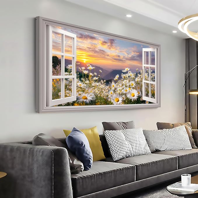 Ggaafet Wildflower Window Wall Art for Bedroom Canvas Painting Prints Beautiful Daisy Floral Blooming Landscape Art Deco Pretty Artwork Office Family Dining Room Decor