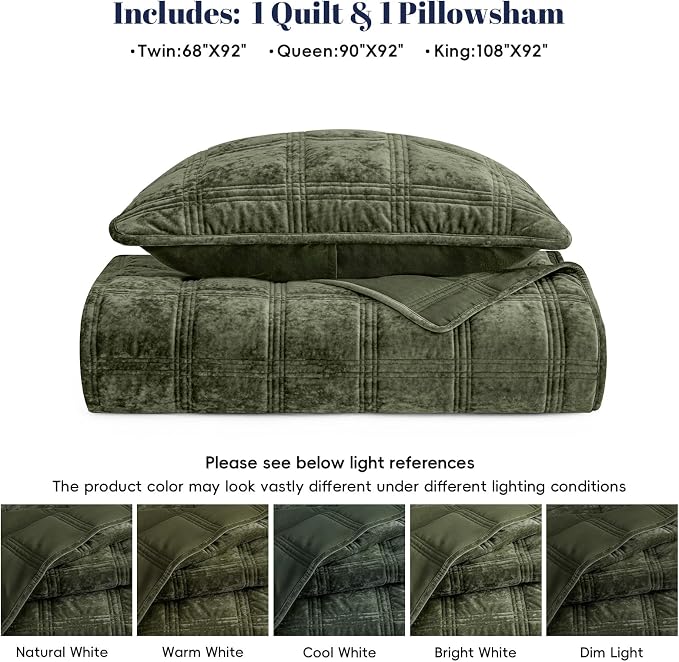 PHF Ultra Soft Velvet Quilt Set Twin Size – 2PCS Luxurious Cozy Quilted Comforter Alternative with Diamond Pattern, Warm Quilted Bedspread Coverlet, 68" x 92", Smokey Olive