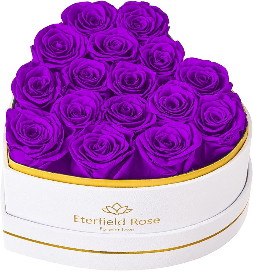 Eterfield 16 Forever Flowers in Heart Shape Box, Preserved Roses That Last a Year Preserved Flowers Birthday Gifts for Her Mom Women Wife Anniversary Valentine's Day Mother's Day, Purple