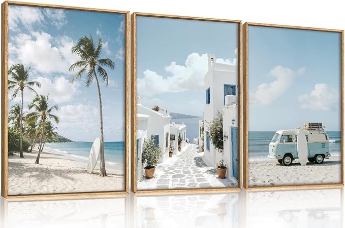 Large Summer Coastal Framed Canvas Wall Art Set,Modern Beach Surfboard Wall Decor,Seaside Palm Tree Art Prints,Vintage Blue Van Artwork for Living Room,Bedroom,Office -16"x24"x3