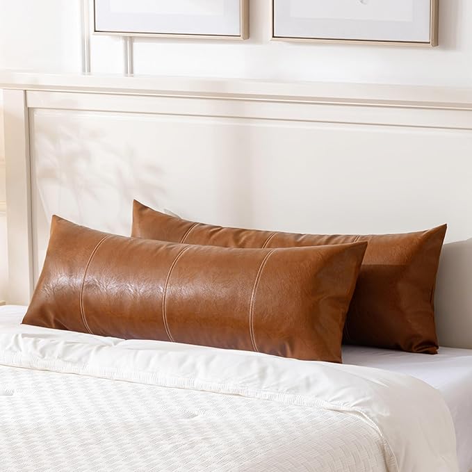 Fancy Homi Brown Boho Long Lumbar Faux Leather Body Decorative Throw Pillow Cover 14x36 Inch for Bedroom Couch Bed Sofa Bench, Hand Stitched Stylish Pillowcase, Rustic Modern Farmhouse Room Decor