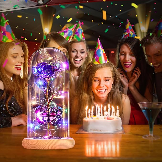 Beferr Birthday Gifts for Women Galaxy Glass Rose Forever Preserved Flowers for Delivery Light Up Rose in Glass Dome Mothers Day Butterfly Gifts for Mom Wife Grandma Her Daughter Girlfriend