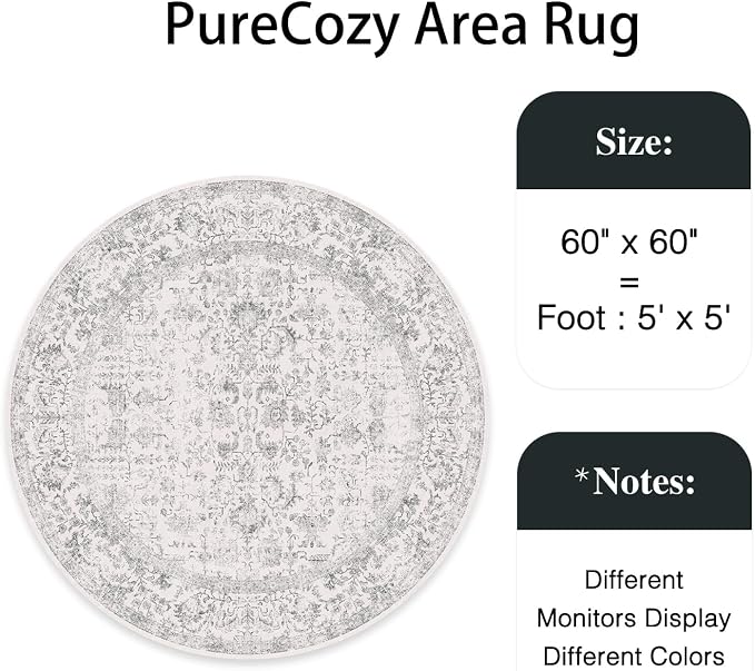 PureCozy Grey Round Area Rug 5ft Entryway Door Mat Small Circle 5x5 Kitchen Vintage Carpet Non Slip Indoor Bedroom Washable Distressed Floral Retro Accent Throw Rug Office Bathroom