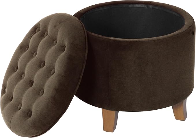 Homepop Home Decor | Upholstered Round Velvet Tufted Foot Rest Ottoman | Ottoman with Storage for Living Room & Bedroom | Decorative Home Furniture, Brown Velvet