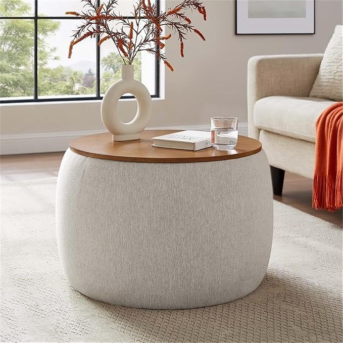 Modway Perla 26 Inch Round Storage Ottoman with Tray Lid in Ivory Fabric -Heathered Fabric Ottoman - Versatile Footrest - Woven Coffee Table - Side Table - for Living Room