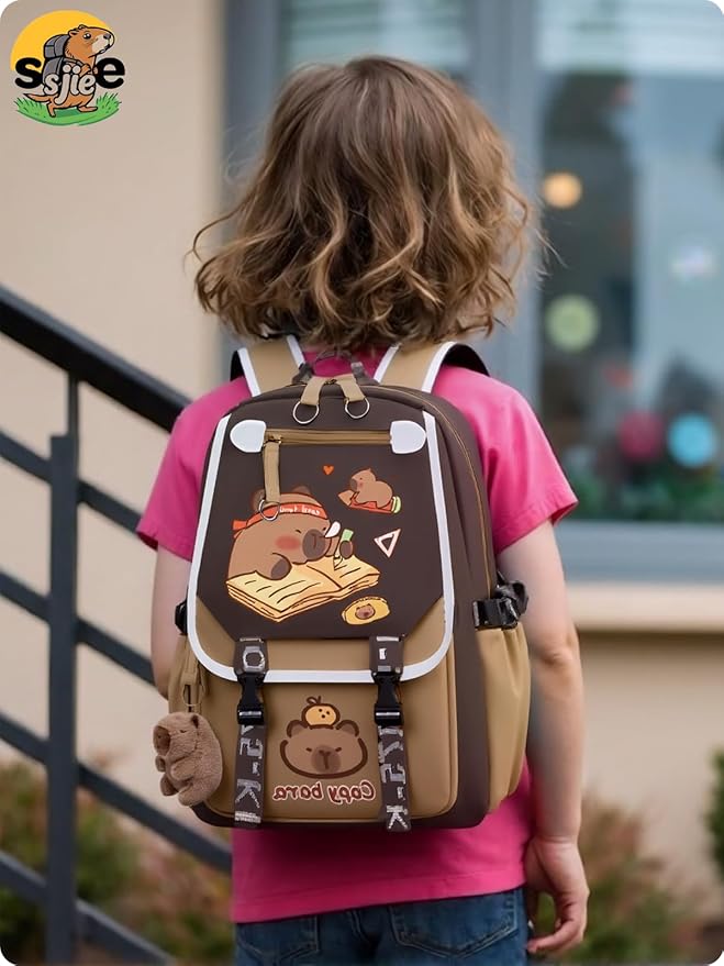Waterproof Capybara Backpack，Large-capacity Kawaii capybara bag with 11-Piece Accessories (Badges, Pendants, Plush capybara, Stickers and others)