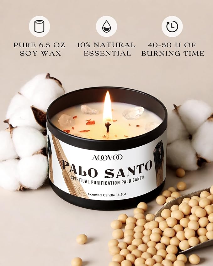 AOOVOO 4 Pack Sage Candles - 2 Sage & 2 Palo Santo Candle Set with Crystals & Decor, 26oz 200 Hours Long Lasting, Non Toxic Candles for Spiritual House Energy Cleansing