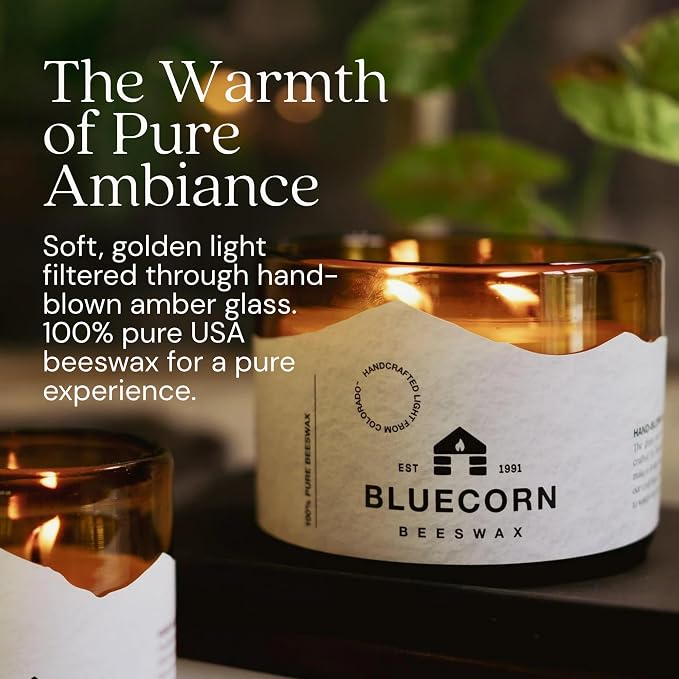 Bluecorn Beeswax 3-Wick Candle, 22 Oz, Amber Glass, 1 Count | 100% Pure Bees Wax, Fragrance Free, Soy Free, Clean Burning, Long Lasting (40 Hr)