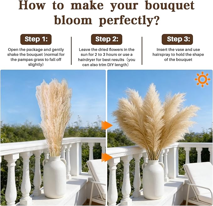 12 Stems 46" Tall Pampas Grass Decor for Floor Vase Large Dried Pampas Grass, Extra Fluffy Natural Dried Flowers for Home Living Room, Boho Wedding Decor, Modern Farmhouse Floral Arrangements