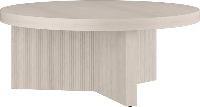 Henn&Hart 36" Fluted Round Low-Profile Coffee Table with Ribbed Pedestal Base for Living Room, Family Room, or Office, Beech White