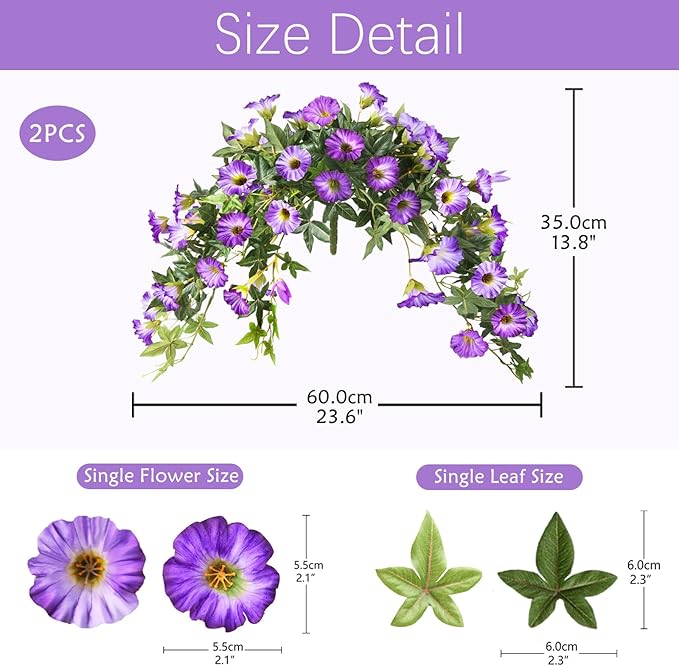 Artificial Fake Flowers Hanging Plants for Outdoor Spring Summer Decor, 2Pcs Faux Petunias Realistic Flowers Silk Morning Glory UV Resistant No Fade for Home Outside Garden Patio Yard Porch(Purple)