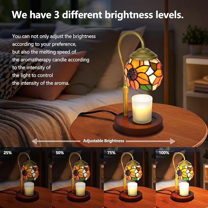 Candle Warmer Lamp - Sunflower Tiffany Style Wood Base Timer | Rsbrillialite Sunflower Candle Warmer Lamp - Tiffany Style Stained Glass Decor with Timer for Room Aesthetic Gifts