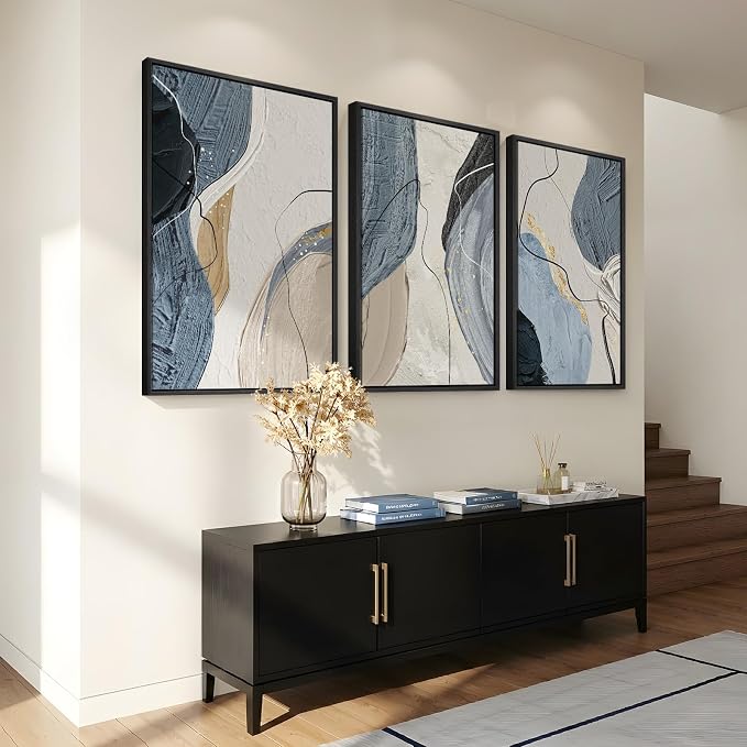 Large Framed Abstract Wall Art for Living Room, Set of 3 Modern Canvas Artwork for Wall, Blue Gray Minimalist Prints Paintings for Bedroom Hallway Office Wall Decor, 24x36 Inch