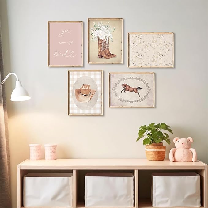Tocliky Cowgirl Nursery Wall Art Coquette Western Girl Poster Vintage Horse Floral Canvas Pictures Aesthetic Pink Preppy Room Wall Decor Rustic Cowgirl Prints for Girls Bedroom 8x10x5 Inch Unframed