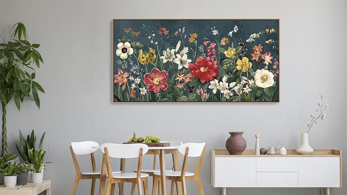 yearainn Botanical Framed Wall Art - Colorful Flowers Bouquet Canvas Pictures Wall Decor Wildflowers Painting Artwork Blooming Floral Prints Living Room Office Home Decor Natural Wood Frame 48" x 24"
