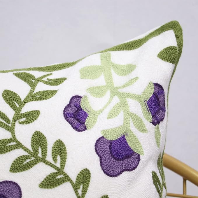 Set of 2 Embroidered Decorative Throw Pillow Covers Couch Square Pillowcases Cushion for Bedroom Sofa Farmhouse Decor 18x18 Inch (Purple Floral)