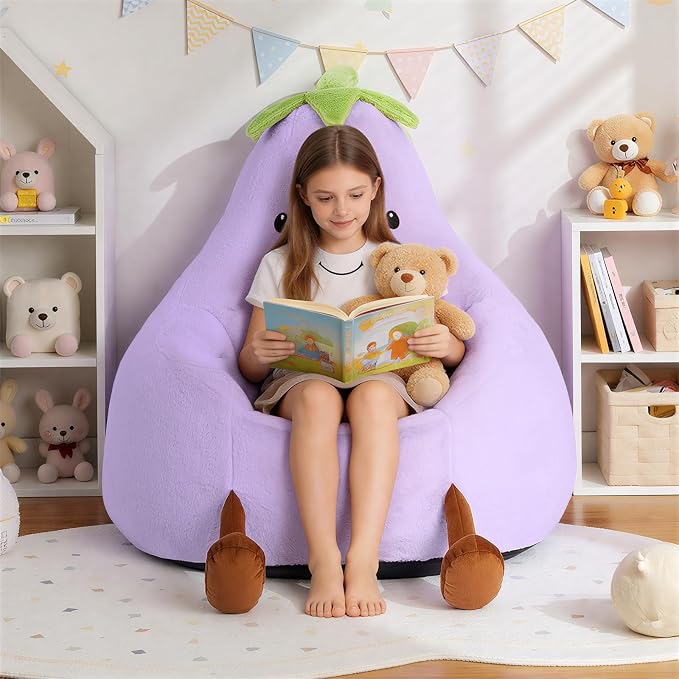 2FT Memory Foam Bean Bag Chair - Ultra Soft Faux Rabbit Fur Round Sofa with Handle & Machine Washable Cover, Comfy Lazy Chair for Kids Teens, Perfect for Reading Gaming in Living Room Bedroom, Purple