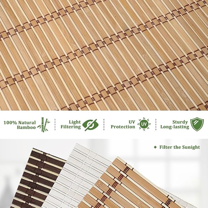 SEEYE Cordless Bamboo Blinds Shades, Light Filtering Bamboo Roller Shades Natural Roman Blind Shade, Roll Up Blind for Windows, Easy to Install for Door, Bedroom, 29" W x 64" H,Natural