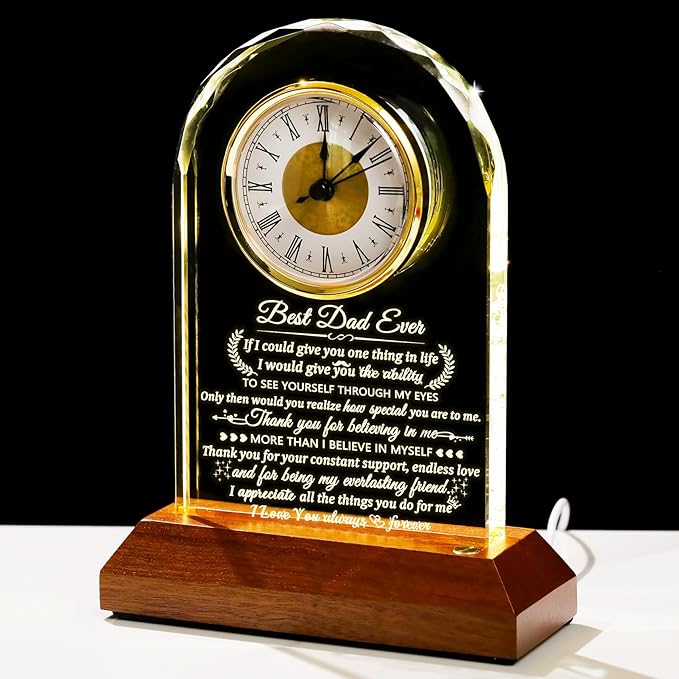 Glass Clock Gifts for Dad From Son Daughter with Wooden Light Base, Personalized I Love You Gift for Dad Who Has Everything on Birthday Father's Day, Presents for Daddy on Christmas Home Desk Clock