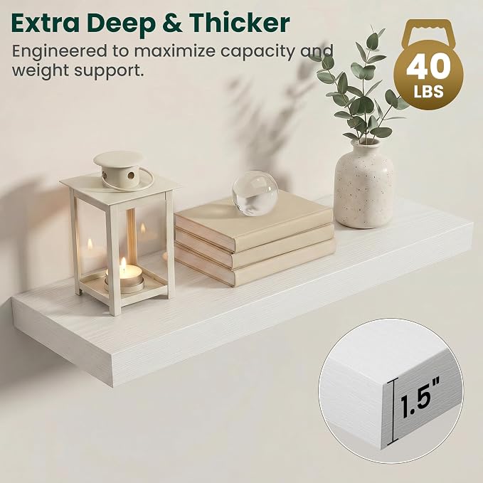 Floating Shelves for Wall 32 in x 9.3 in Deep, Wall Mounted Rustic Wood Shelf with Invisible Brackets for Storage & Display, Living Room Bedroom Bathroom, White, 2 Pack