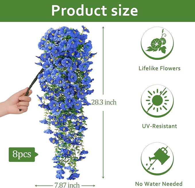 Serwalin Artificial Hanging Flowers for Outdoors UV Resistant, 8PCS Faux Morning Glory Fake Outdoor Flowers Realistic Silk Flower Faux Plants for Outside Planter Front Door Porch Patio Yard Decor