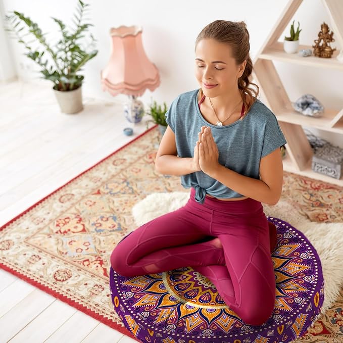 Mandala Meditation Cushion, Boho Meditation Mat, Meditation Pillows for Sitting on Floor, Cushions for Sitting in Home and Outdoor, Round Floor Pillows Cushion Seating for Yoga Accessories 22'' X 22''