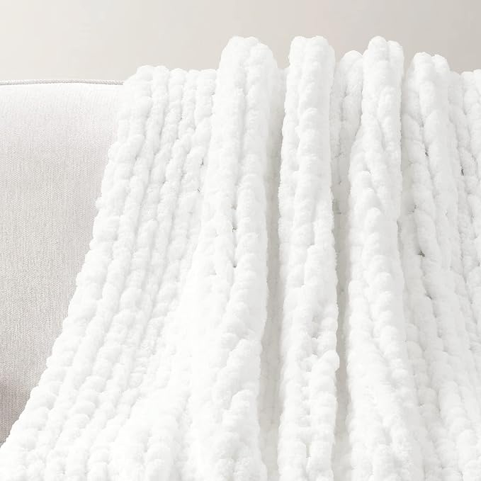 Lush Decor Hygge Ultra Soft Cozy Chenille Chunky Knit Throw Blanket, 50" x 40", White