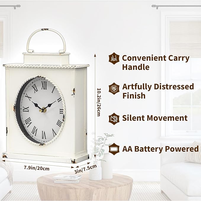MODE HOME Vintage Mantel Clock, Large Rustic Distressed Metal Table Clock with Handle, Silent Non-Ticking Quartz Movement, Whitewashed Fireplace Shelf Desk Clock for Living Room Bedroom Office