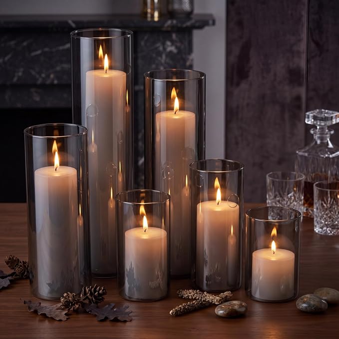 Shihanee Set of 6 Pillar Candles and Glass Cylinder Vases Assorted Sizes Cylinder Holders for Pillar Candles Home Table Centerpieces Wedding Party Decorations (White,Smoky Black)
