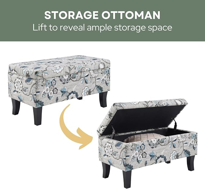 Convenience Concepts Designs4Comfort Winslow Storage Ottoman Bench 32" - Transitional Upholstered Footstool & Seat, for Living Room, Entryway, Hallway, & Bedroom, Gray Flora Fabric