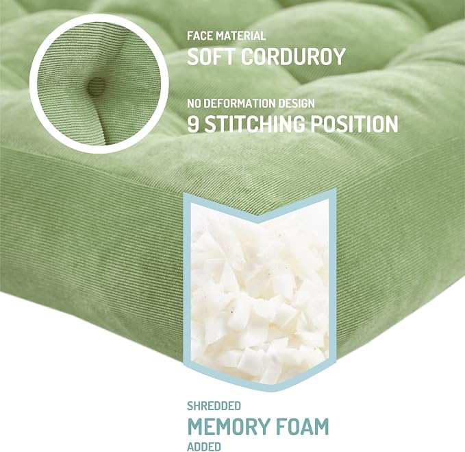 Degrees of Comfort Floor Cushion 6 Pack for Meditation, Home Office & Yoga Studio – Corduroy Soft Seating Set, 22 Inch, High-Density Foam, Square Shape, Green