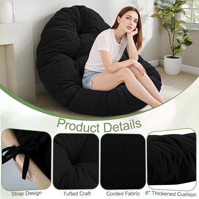 idee-home Papasan Chair Cushion, Circle Papasan Chair Cushion(Cushion Only) | Papasan Cushion with Thick Corduroy Cover, 48 x 48 Inch Cushion for Egg Chair, Black