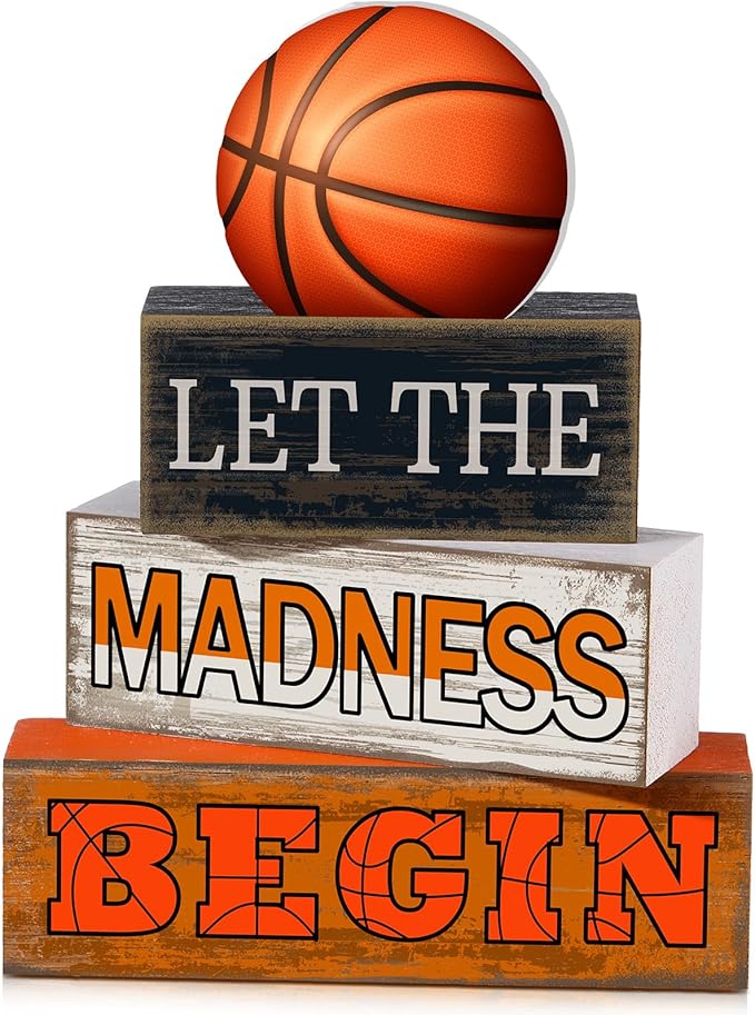Yuntau 4 Pcs Wooden Tabletop Decor Tiered Tray Decor Rustic Wood Block Sign Gift Centerpiece Farmhouse Table(Basketball)