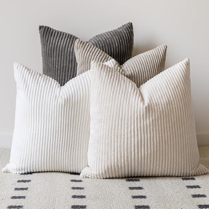 LANANAS Neutral Couch Throw Pillow Covers 18x18 Inch Set of 4 Decorative Farmhouse Boho Throw Pillows for Living Room, Couch, Bed, Sofa Soft Corduroy Accent Home Decor (Neutral, 18x18 Inch)
