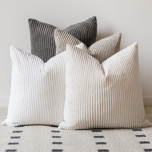 LANANAS Neutral Couch Throw Pillow Covers 18x18 Inch Set of 4 Decorative Farmhouse Boho Throw Pillows for Living Room, Couch, Bed, Sofa Soft Corduroy Accent Home Decor (Neutral, 18x18 Inch)