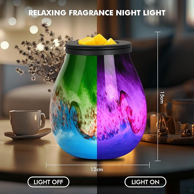 Wax Melts Warmer with Timer-Art Glass Wax Warmer for Scented Wax Electric Candle Warmer with 7 Colors LED Light, Removable Silicone Dish Wax Melter for Home Office Decor & Gifts (Storm-timer)
