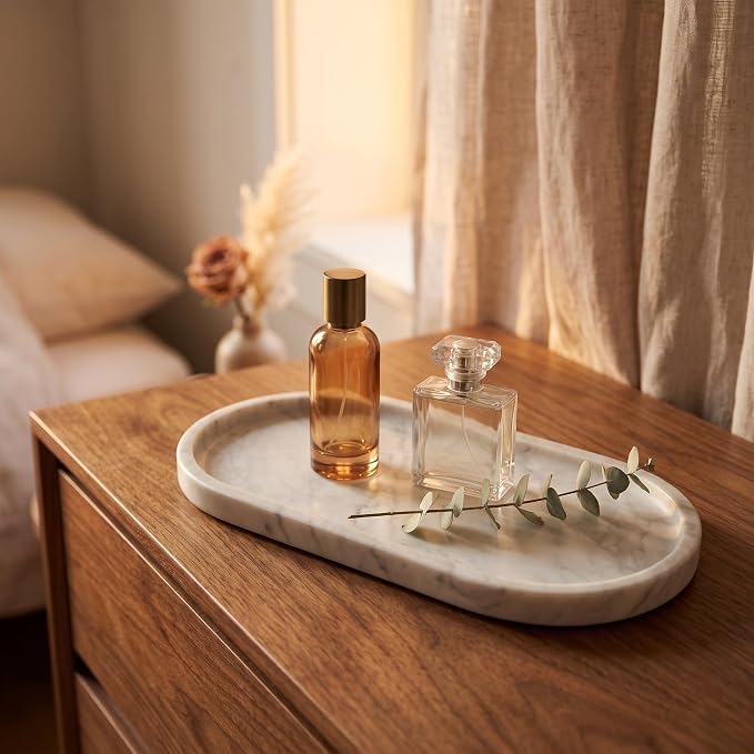 YKAJO Carrara White Gray Oval Marble Tray, 11.8x5.9 Perfume Organizer Dish | Honed natural stone; holds jewelry, rings, keys, candles, trinkets; for dresser, nightstand, bath counter