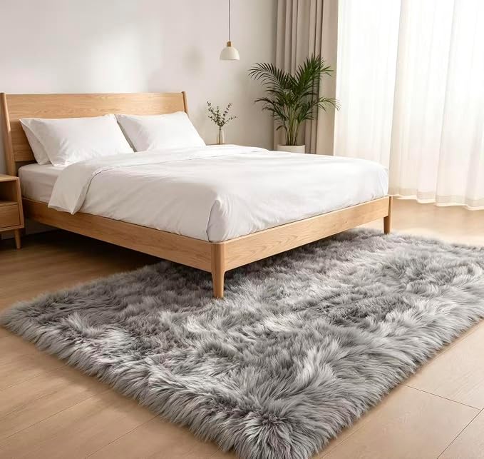 Faux Fur Rug Fluffy Sheepskin Area Rug,Ultra Soft Shaggy Plush Rug Bedroom Living Room Sofa Floor Kids Room Bedside（3 x 5 ft Rectangle Grey）