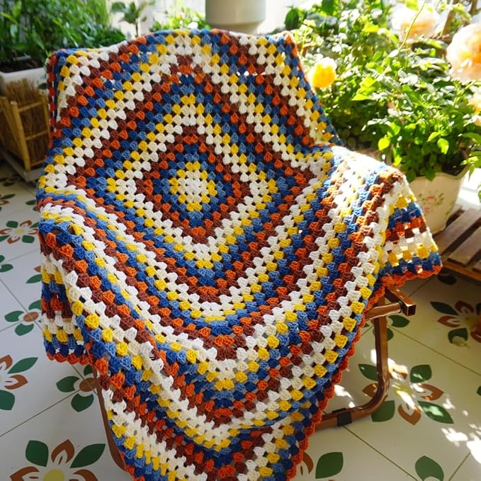 Handmade Crochet Granny Square Throw Blanket Sweater Style,Crochet Quilt,Multicolor Boho Travel Accent Throw for Sofa Comforter Couch Bed Recliner Living Room Bedroom Decor 43" x43" (B)