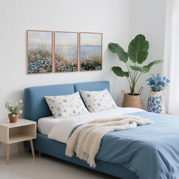 CHDITB Seaside Floral Framed Canvas Wall Art Set, Nature Inspired Ocean View Wall Decor, Sunrise Art Spiritual Wall Painting, Coastal Wildflowers Art Prints for Living Room, Office-Size 16"x24"x3