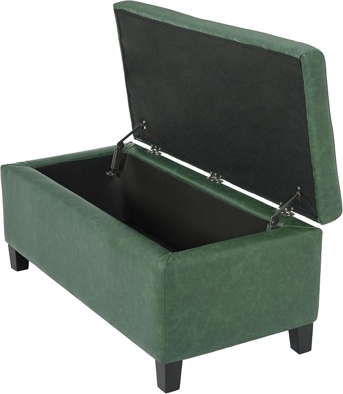 Christopher Knight Home Vayne Storage Ottoman Bench With Flip-Top Lid, PU Upholstered Ottoman with Storage, Wooden Bedroom End of Bed Bench with Storage, Comfy Living Room Sofa Extra Seat, Green+Black