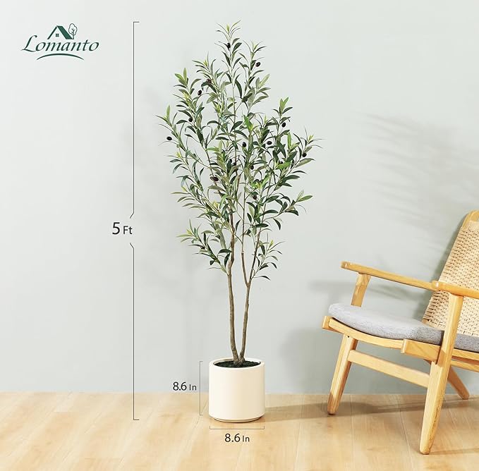 LOMANTO Artificial Olive Trees, 5 ft Tall Fake Olive Trees for Indoor | Faux Olive Silk Tree with White Planter,Large Olive Plants for Home Decor and Housewarming Gift, 1 Pack