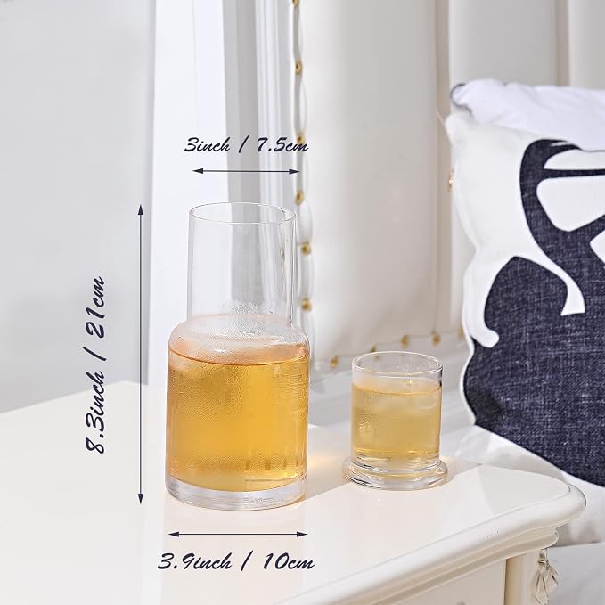 Bedside Carafe and Glass Set, Use Tumbler as Lid Night Water Carafe for Nightstand, Mouthwash Dispenser Pitcher with Glass Cup for Keeps Water Clean in Bedroom, Bathroom, or Kitchen
