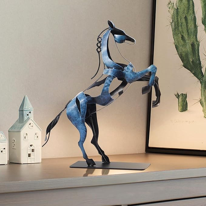 SunBlogs Art Metal Horse Statue Décor, Handmade & Hand-Painted Modern Western Horse Decoration, Rustic Iron Sculpture Gifts for Home Office for Horse Lovers (Blue)