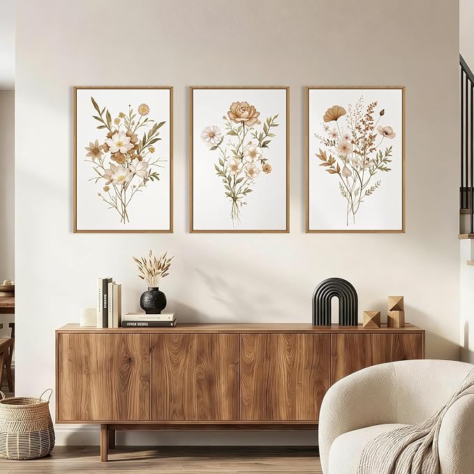 KAIRNE Neutral Boho Floral Framed Canvas Wall Art Set, Vintage Botanical FlowerWall Decor, Minimalist Wildflower Art Prints, Modern Beige Artwork for Living Room, Bedroom, Farmhouse, Office-24 x36 x3