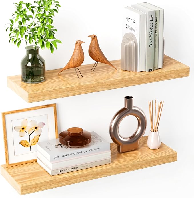 Floating Shelves for Wall Rustic Farmhouse 24 Inch Floating Shelf Wooden Shelves for Wall Pine Wood Shelf with Unique Natural Grain for Living Room Bedroom Kitchen (Raw Wood)
