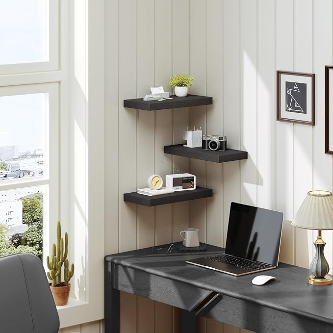 RALGEND Floating Shelves for Wall, 1.5" Thick Wall Shelf Set of 3 with Invisible Brackets, 15.7L x 7.9W Hanging Book Shelves Farmhouse Home Decor for Bathroom, Living Room, Bedroom, Black 4301BJP3BK
