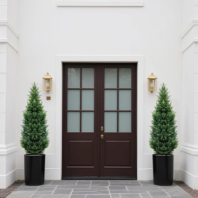 4Ft Artificial Cedar Topiary Trees (4-Pack) - UV Resistant Fake Shrubs with Ground Spike for Outdoor & Indoor Use, Front Porch, Garden Decor