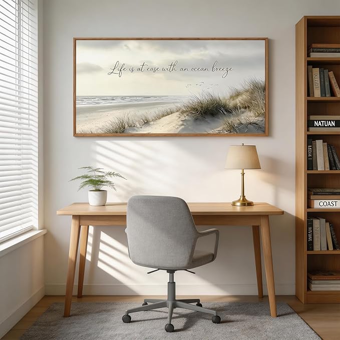 CHDITB Coastal Beach Landscape Wall Art Framed, Neutral Boho Pampus Grass Beachy Scenery Canvas Artwork, Large Nautical Ocean Waves Seascape Cozy Relaxing Calming Quotes Painting Decor for Bedroom Office (40"L x 20"W)